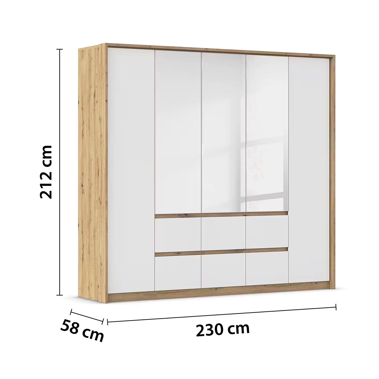 Rauch Leon Oak & White 5 Door 6 Drawer Wardrobe With Mirror– 226cm