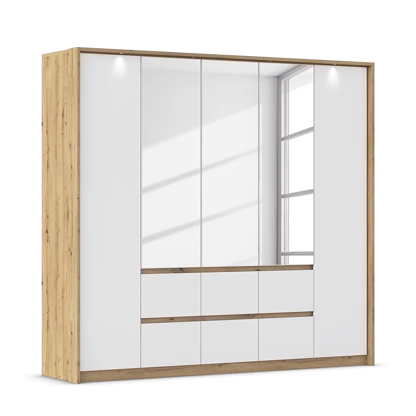Rauch Leon Oak & White 5 Door 6 Drawer Wardrobe With Mirror– 226cm