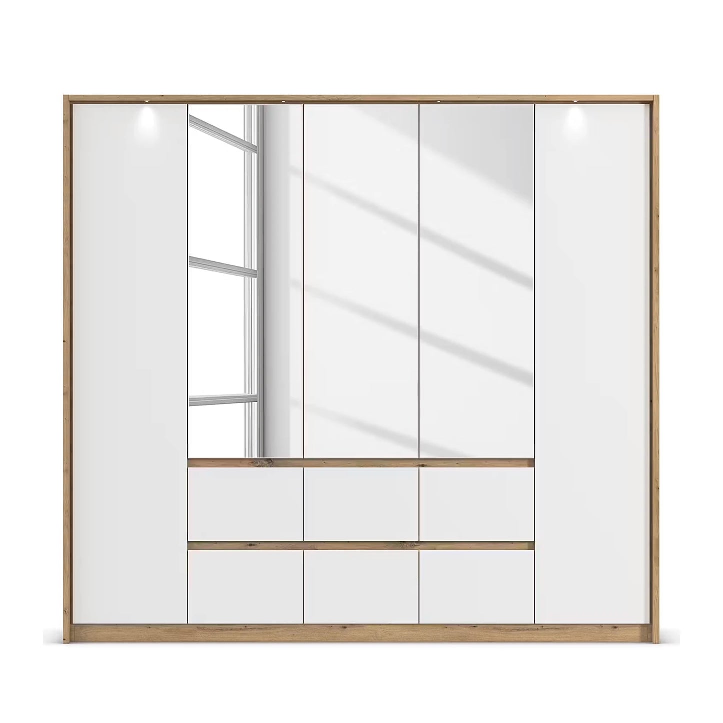 Rauch Leon Oak & White 5 Door 6 Drawer Wardrobe With Mirror– 226cm