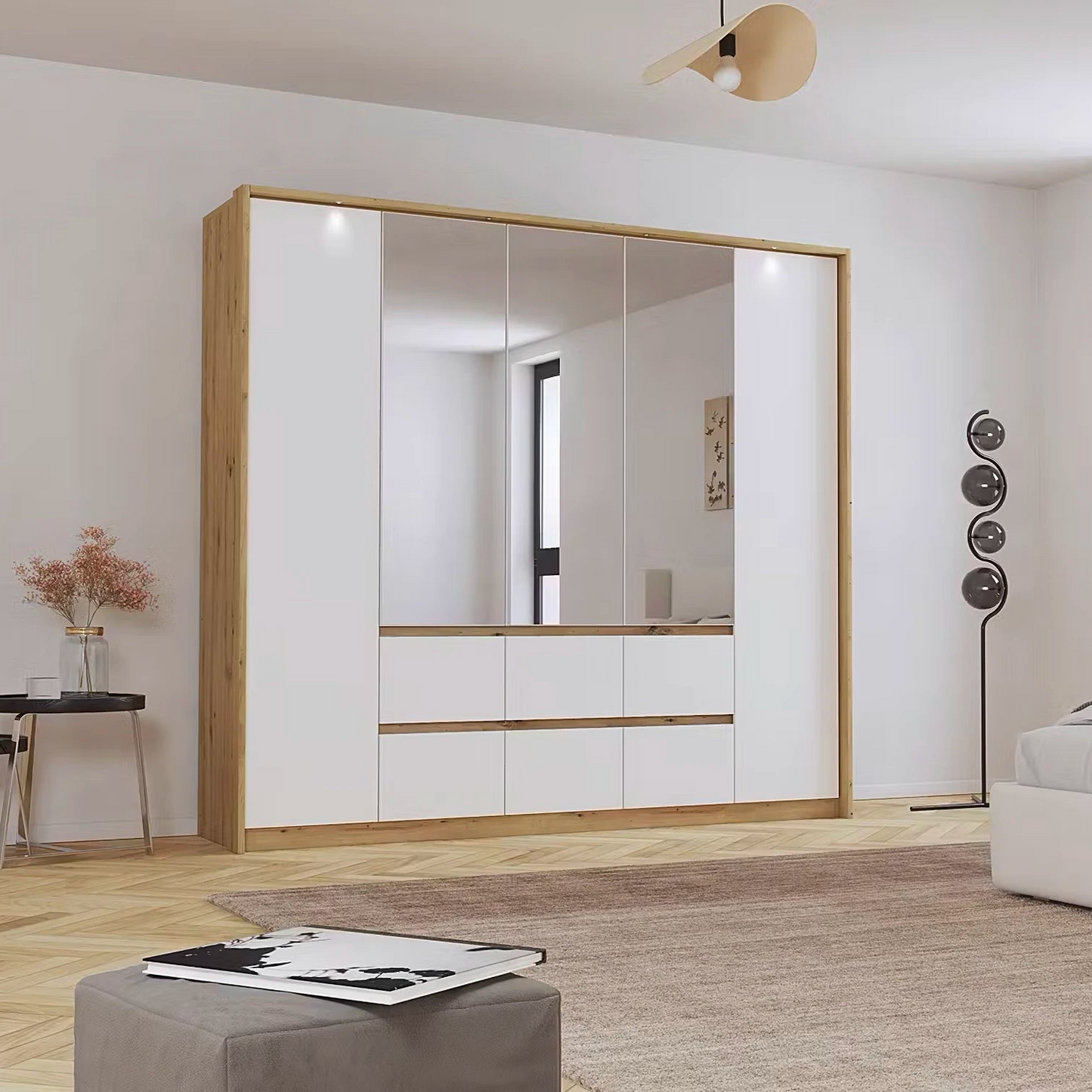 Rauch Leon Mainz 5 Door, 6 Drawer Hinged Door Wardrobe With Mirrors and Lights in White and Oak colour combination 
