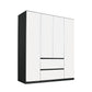 Black and white wardrobe with hinged doors and drawers on a white background
