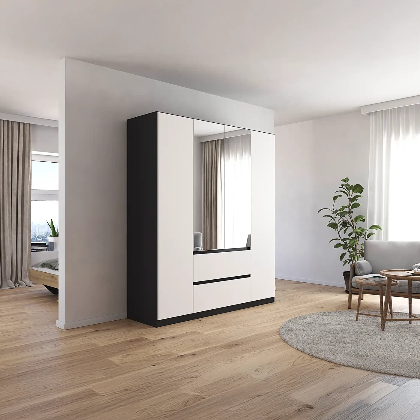 Rauch Leon Graphite & White 4 Door Mirrored Wardrobe – 181cm