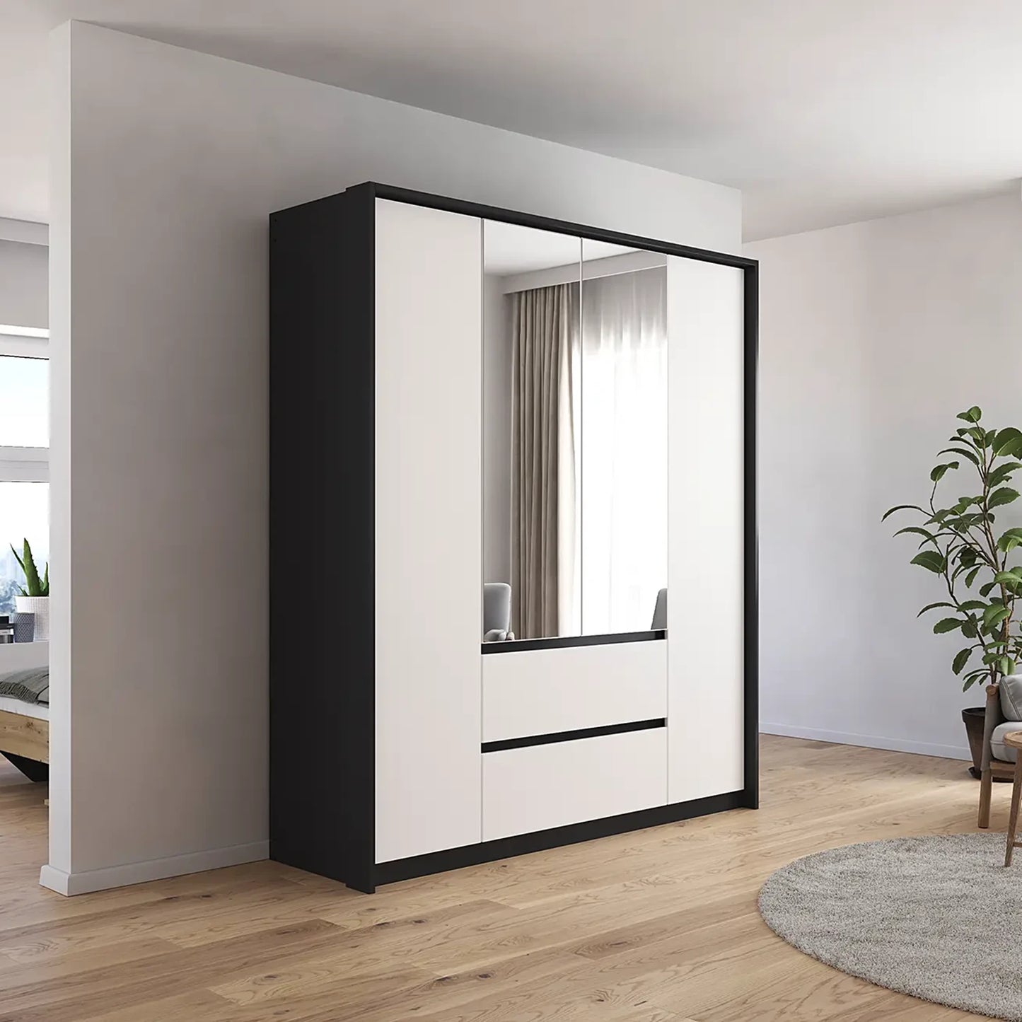Rauch Leon Graphite & White 4 Door Mirrored Wardrobe – 181cm