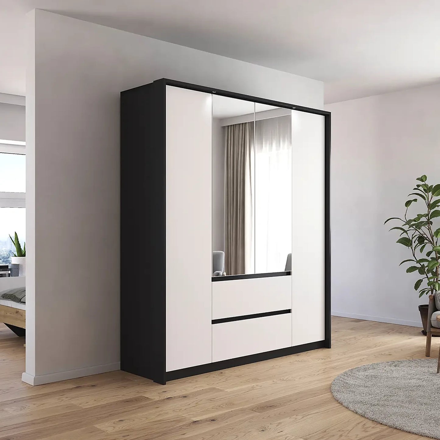 Rauch Leon Graphite & White 4 Door Mirrored Wardrobe – 181cm