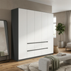 Modern wardrobe with five white doors, 6 drawers and black frame in a room with a bench, mirror, and plant.