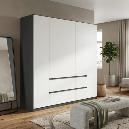 Modern wardrobe with five white doors, 6 drawers and black frame in a room with a bench, mirror, and plant.