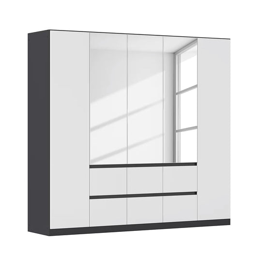 Rauch Leon Graphite & White 5 Door 6 Drawer Mirrored Wardrobe – 226cm