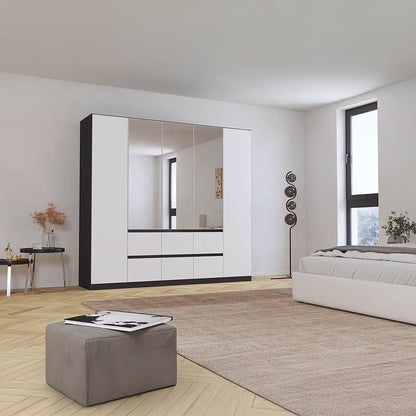 Rauch Leon Graphite & White 5 Door 6 Drawer Mirrored Wardrobe – 226cm