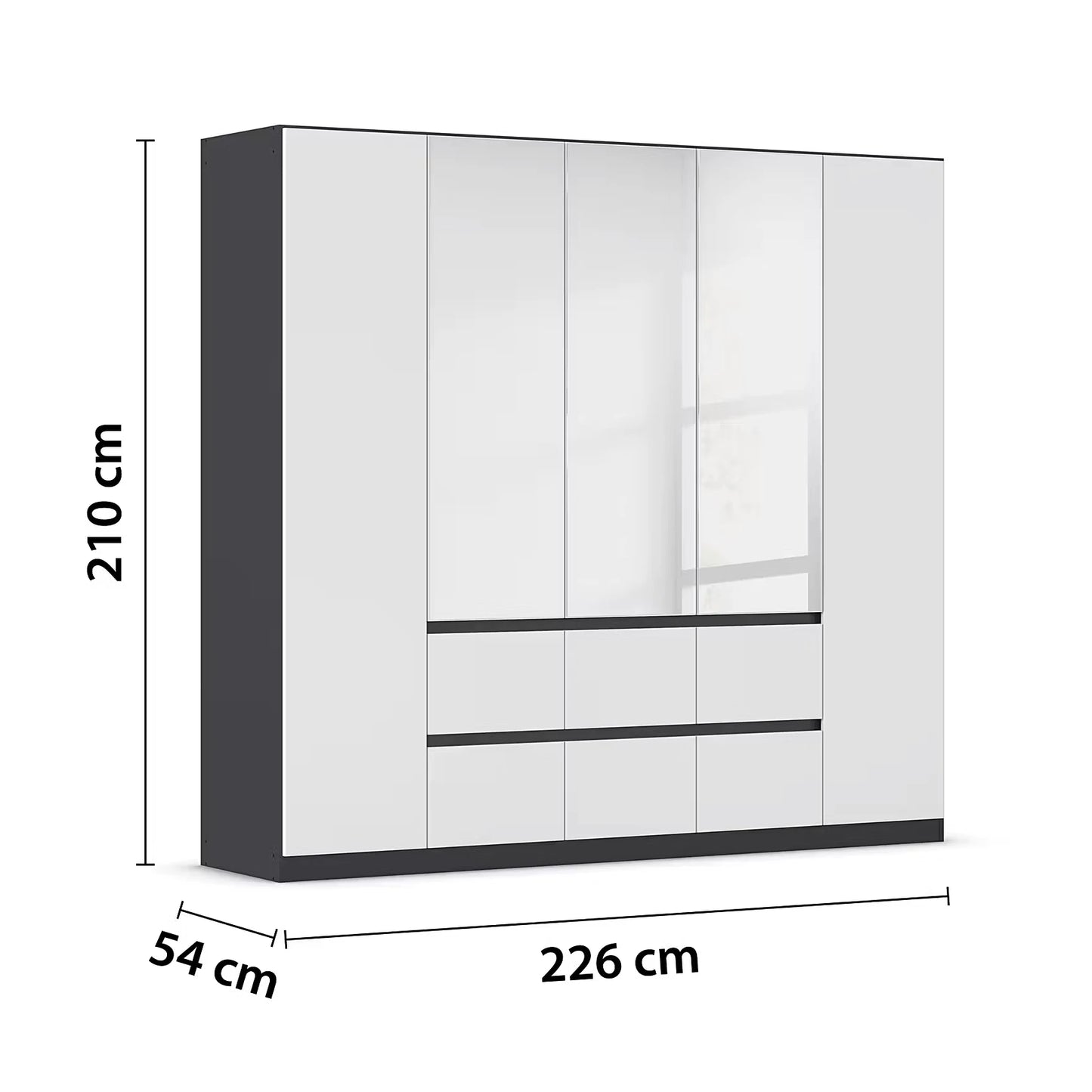 Rauch Leon Graphite & White 5 Door 6 Drawer Mirrored Wardrobe – 226cm