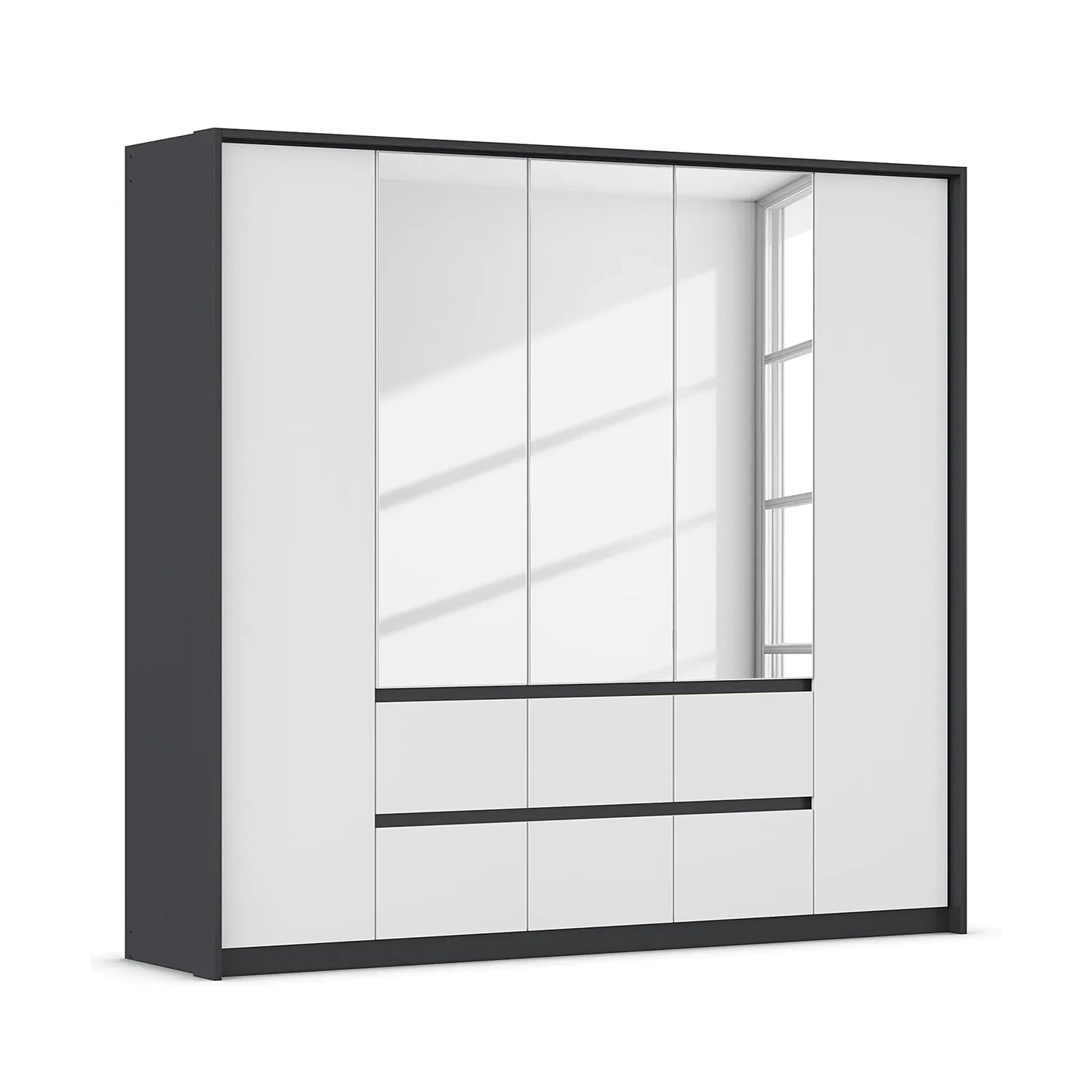 Rauch Leon Graphite & White 5 Door 6 Drawer Mirrored Wardrobe – 226cm