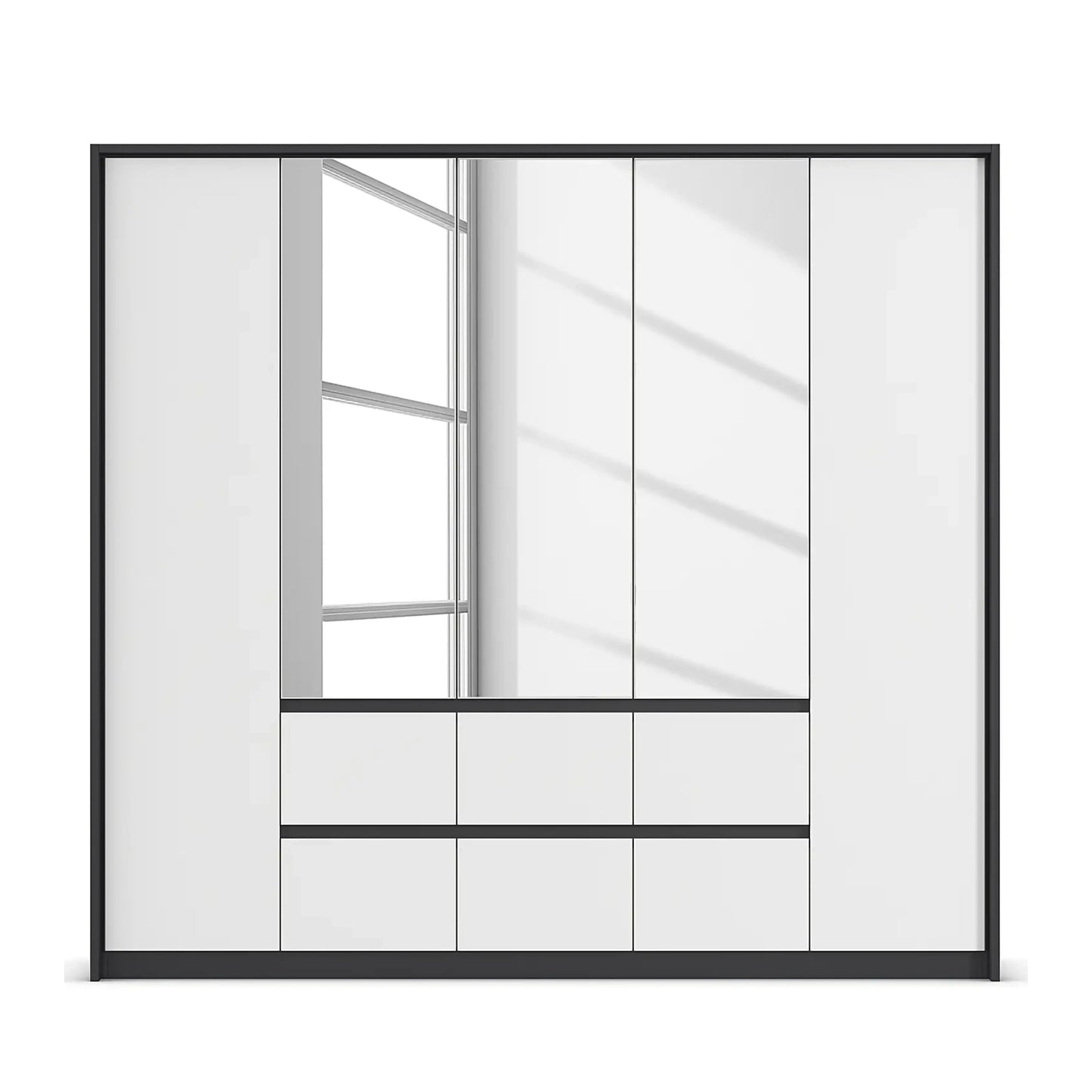 Rauch Leon Graphite & White 5 Door 6 Drawer Mirrored Wardrobe – 226cm