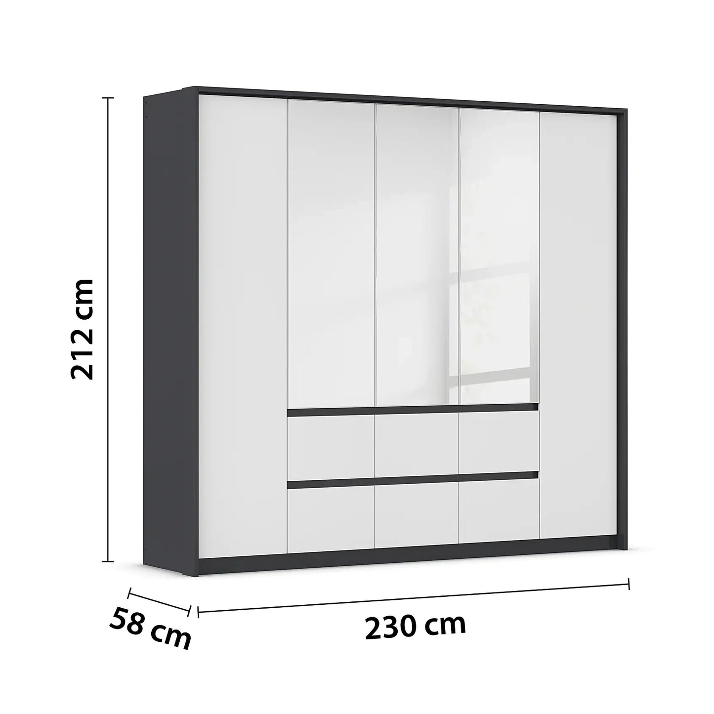 Rauch Leon Graphite & White 5 Door 6 Drawer Mirrored Wardrobe – 226cm
