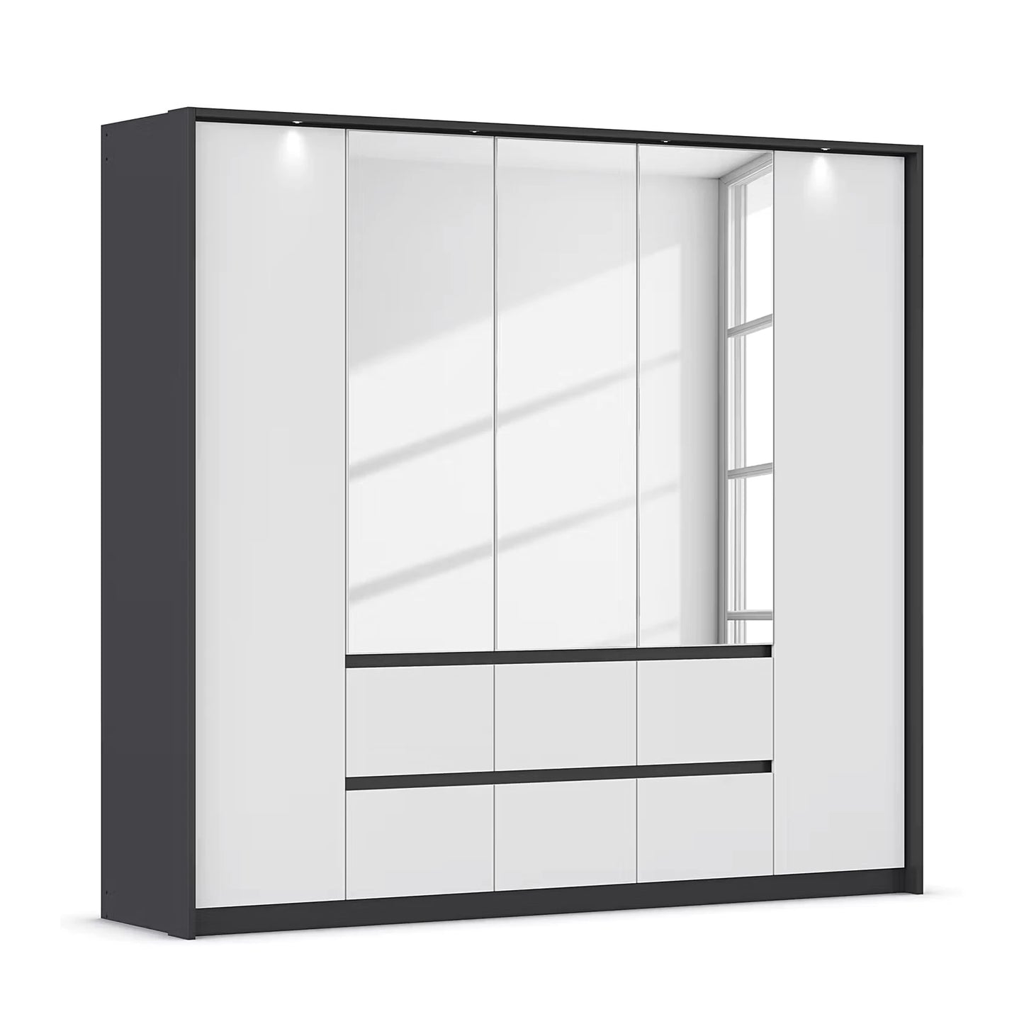 Rauch Leon Graphite & White 5 Door 6 Drawer Mirrored Wardrobe – 226cm