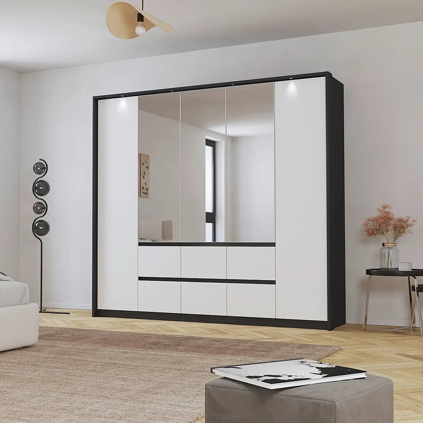 Rauch Leon Graphite & White 5 Door 6 Drawer Mirrored Wardrobe – 226cm