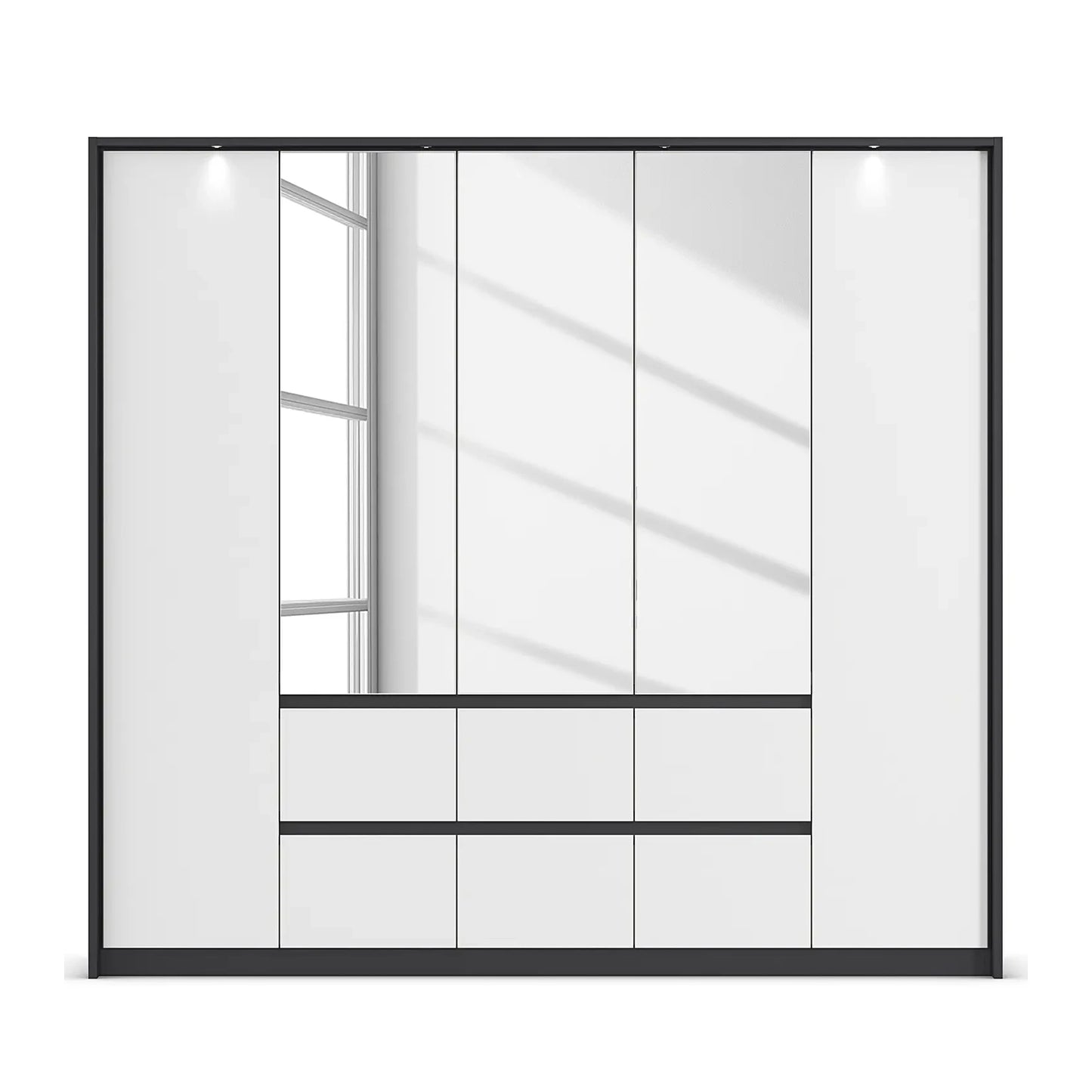 Rauch Leon Graphite & White 5 Door 6 Drawer Mirrored Wardrobe – 226cm