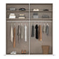 Closet with shelves and hanging space, containing clothes and shoes.
