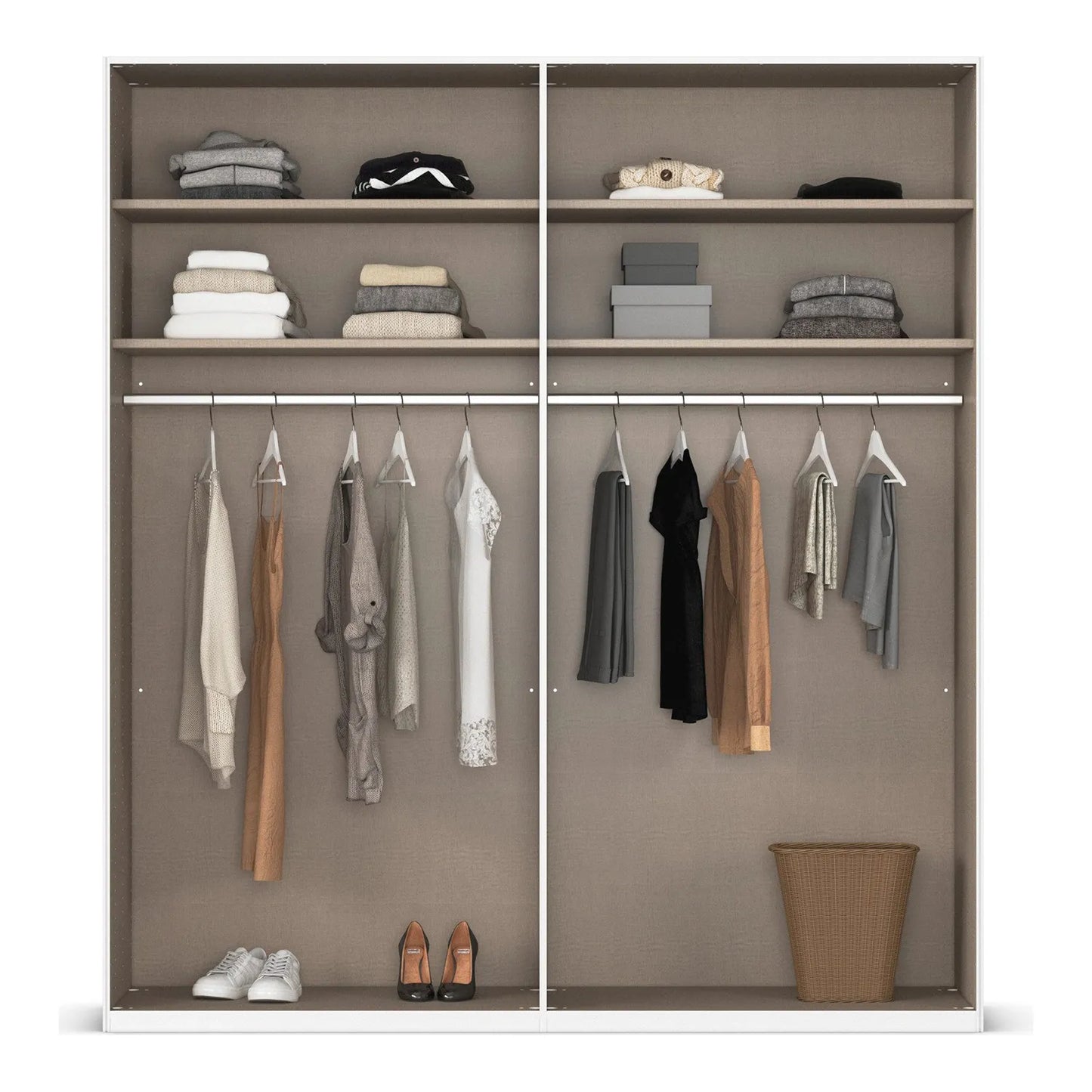 Closet with shelves and hanging space, containing clothes and shoes.