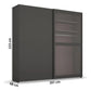 Dark gray wardrobe with sliding doors and measurements on a white background