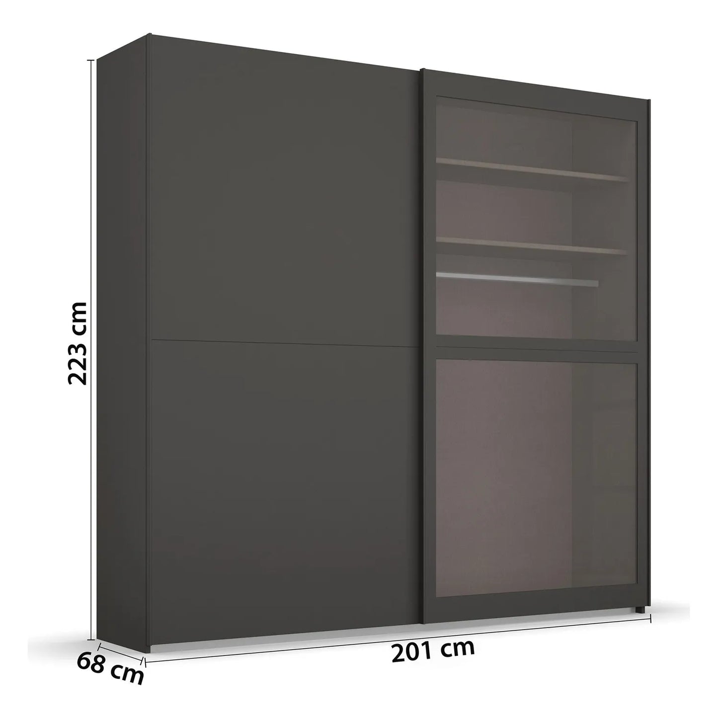 Dark gray wardrobe with sliding doors and measurements on a white background