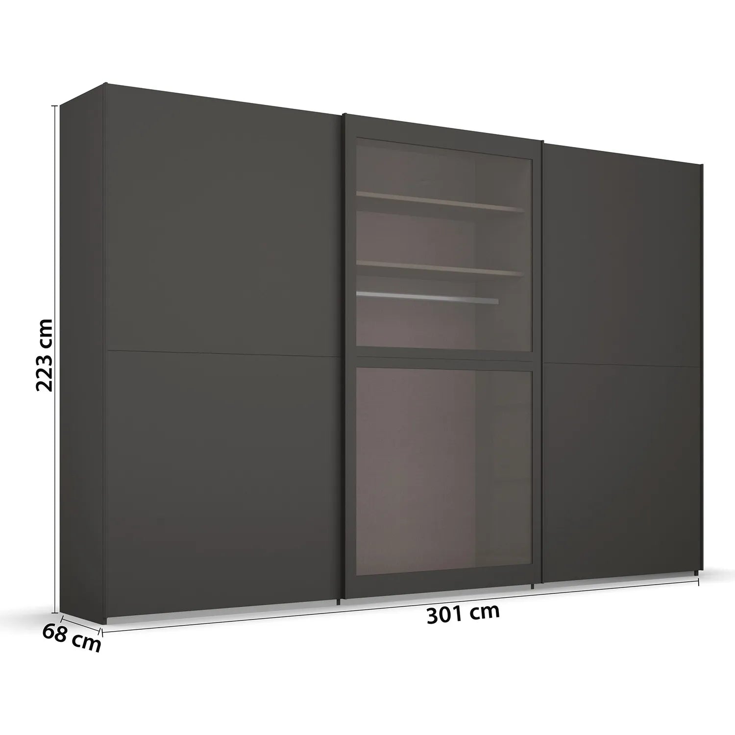 Lumia Graphite 3 Door Sliding Wardrobe with Transparent Glass - Dimensions 