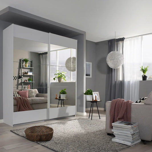 Mali Silk Grey & Mirror Sliding Door Wardrobe - Styled in a Bedroom