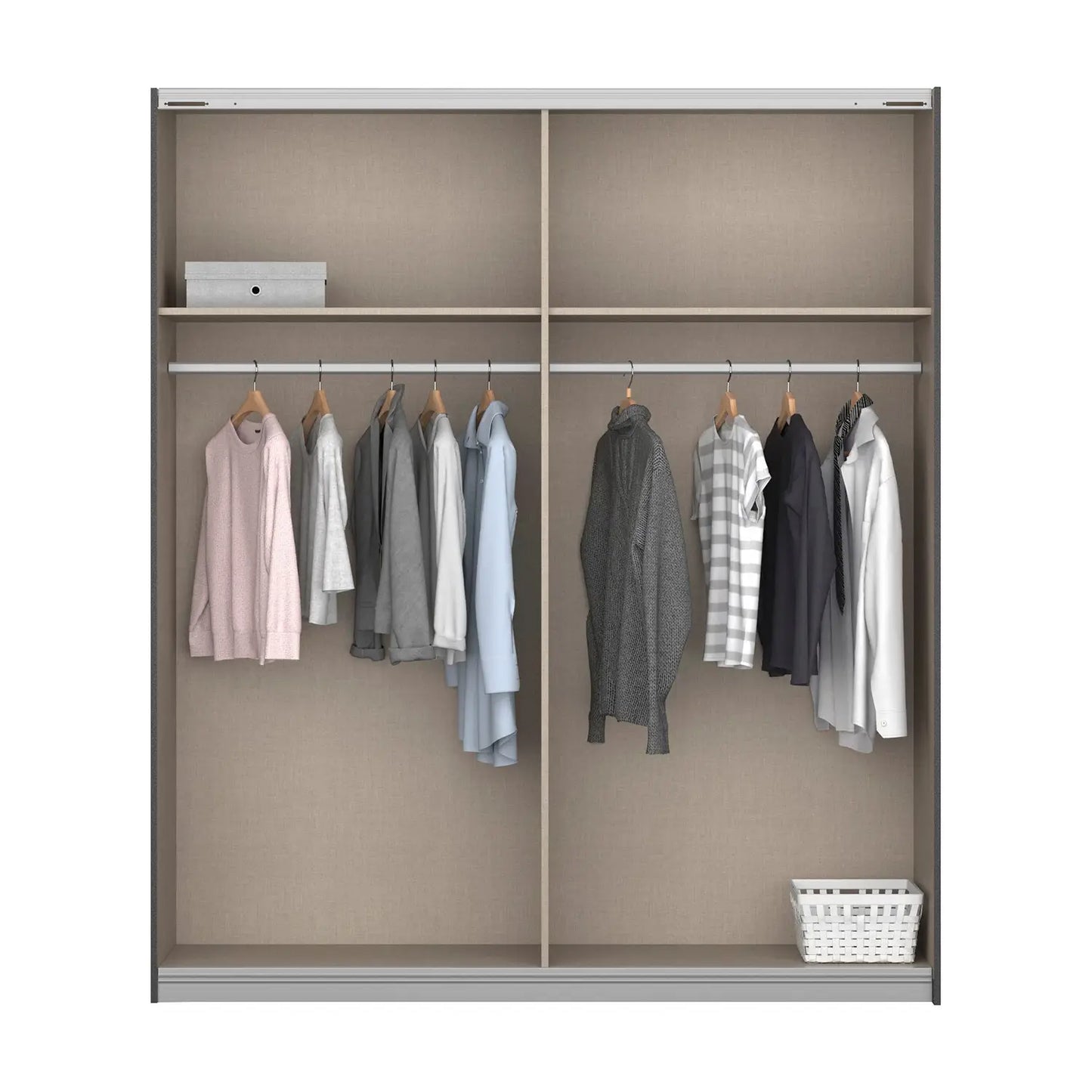 Mali 181cm Graphite & Mirror Sliding Door Wardrobe - Interior view Styled in a Living Room