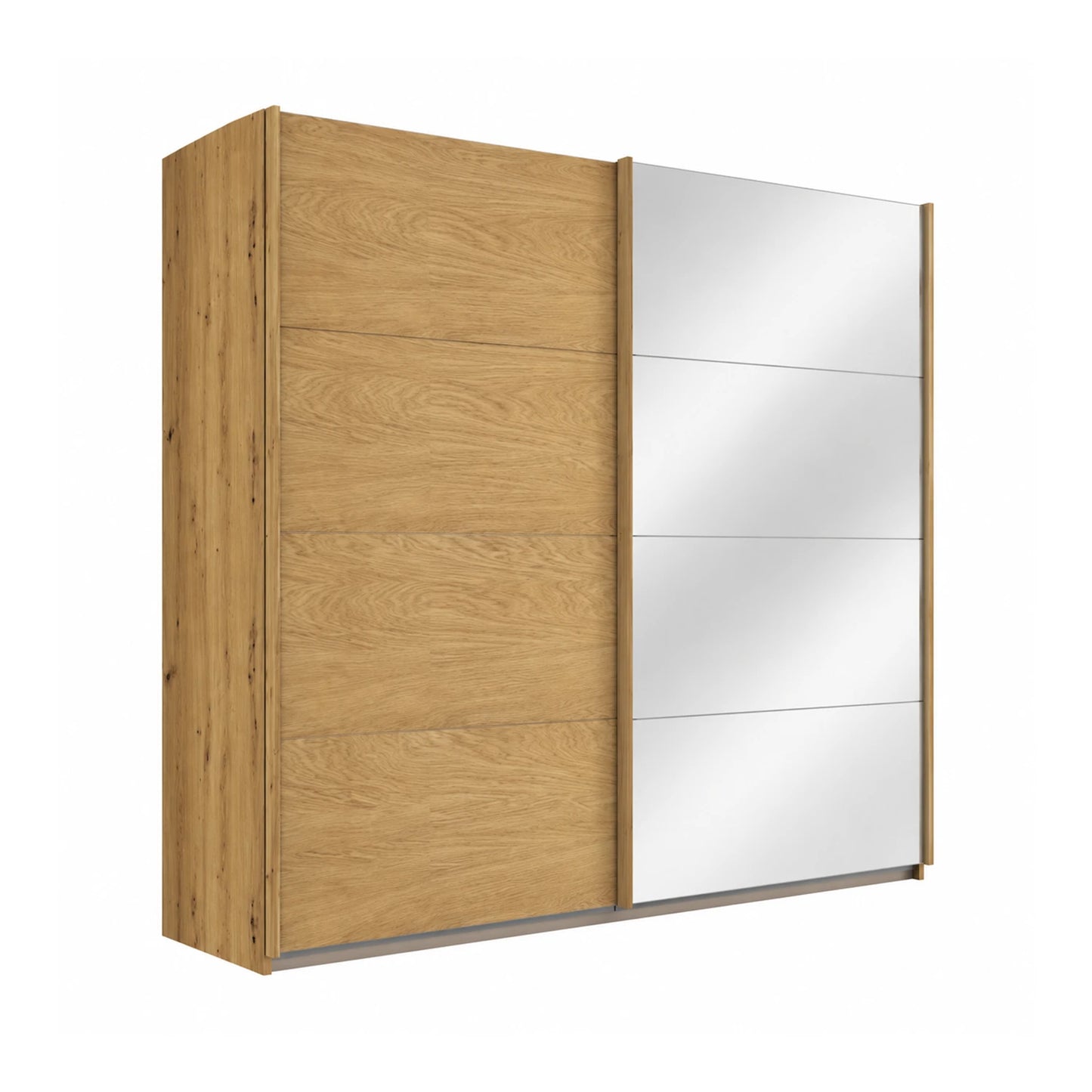 German-made Rauch Malva sliding wardrobe with one real oak veneer door and one full mirrored door. Three carcase colours, 181cm to 271cm.