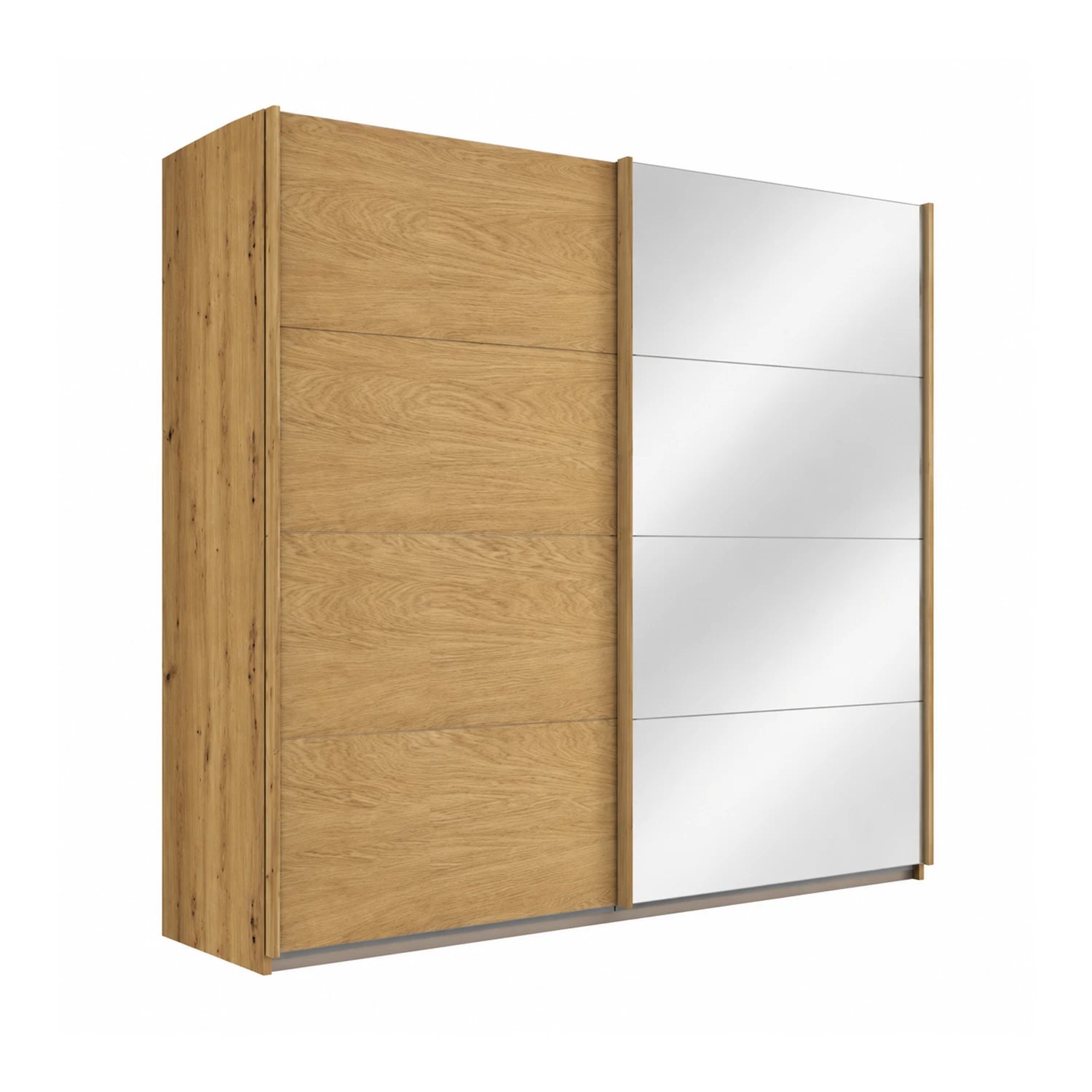 German-made Rauch Malva sliding wardrobe with one real oak veneer door and one full mirrored door. Three carcase colours, 181cm to 271cm.