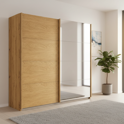 German-made Rauch Malva sliding wardrobe with one real oak veneer door and one full mirrored door. 