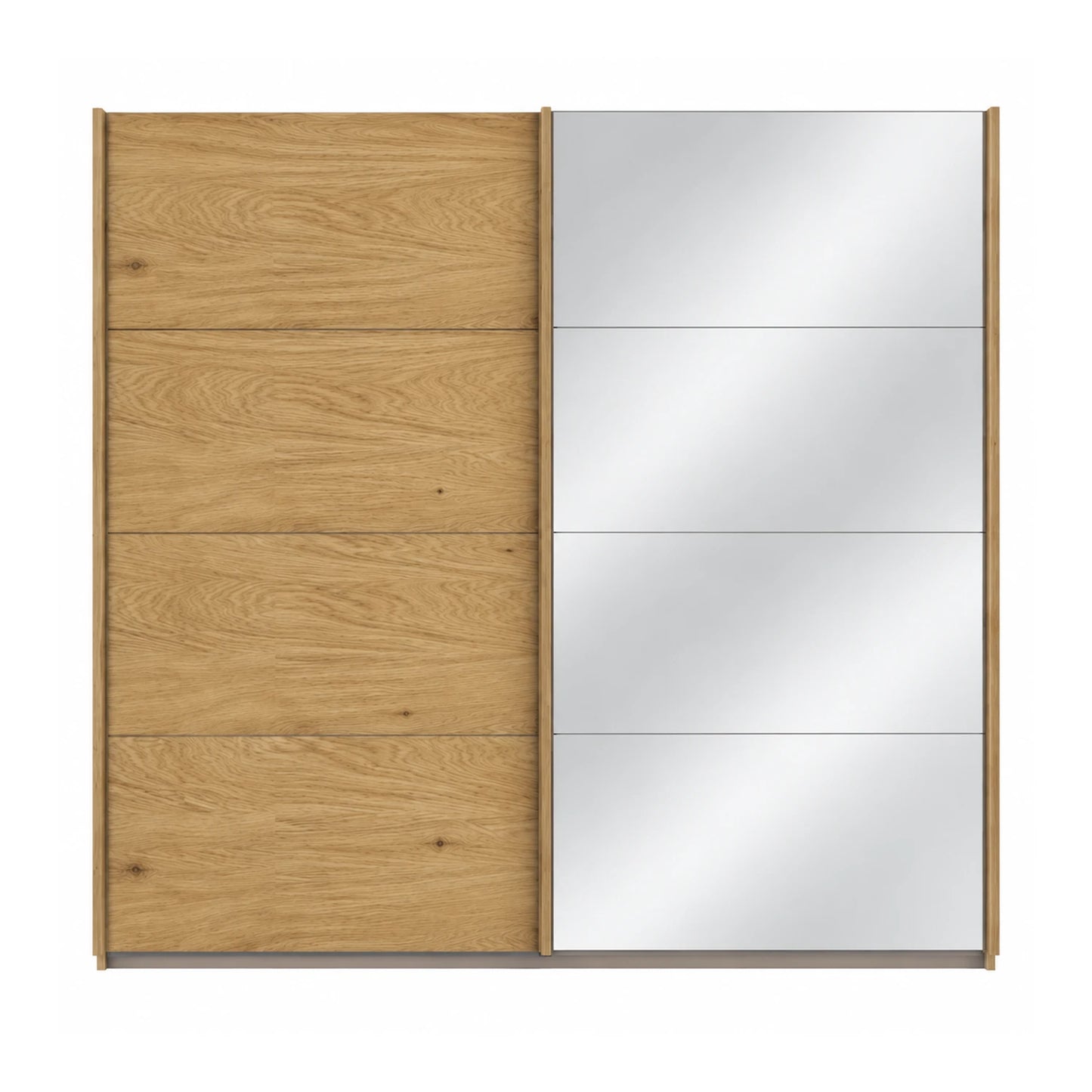 A modern sliding wardrobe door set with a light oak wood grain finish on the left and mirrored doors on the right, shown against a plain white background.