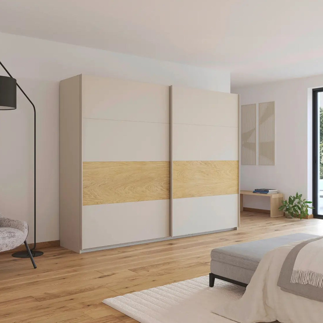 Modern bedroom with a large wardrobe, chair, and bed.