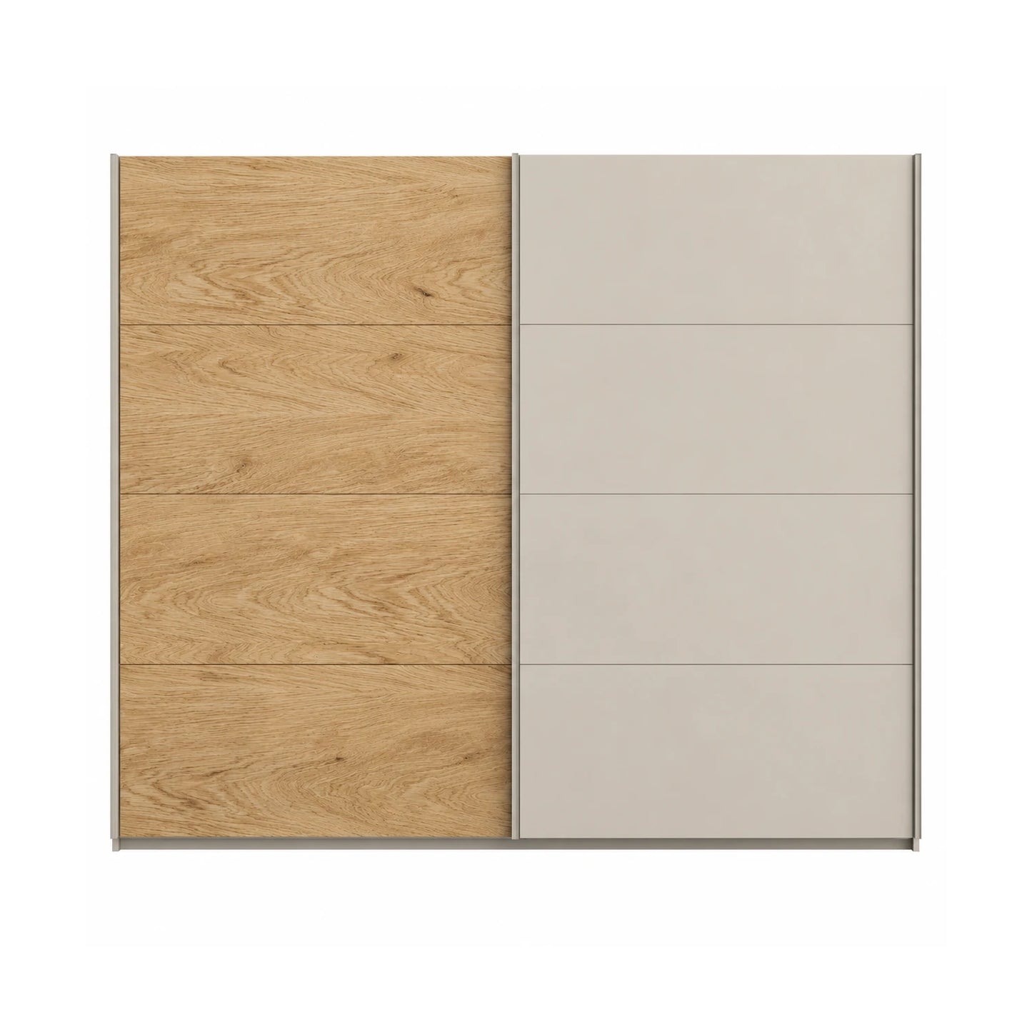 German-made Rauch Malva sliding wardrobe with one real oak veneer door and one full mirrored door. Three carcase colours, 181cm to 271cm.