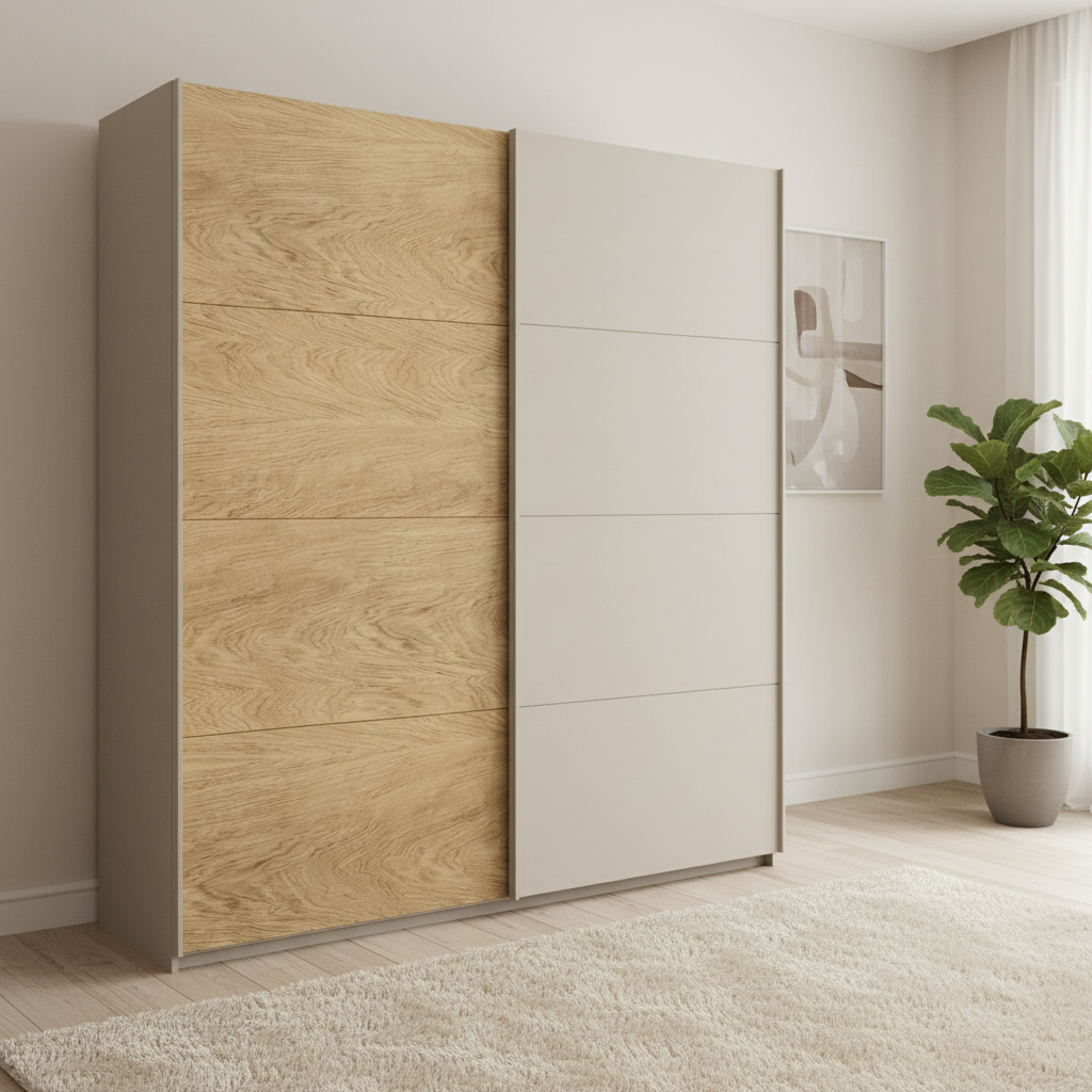Rauch Orange Malva two Door Sliding Wardrobe in Champagne Colour with one door in Oak Veneer Finish Width 181cm