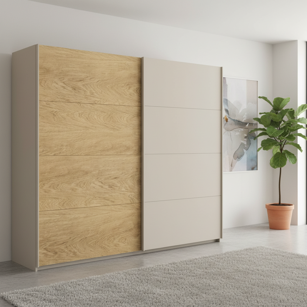 Rauch Orange Malva Sliding Door Wardrobe in Champagne Colour with one door in Oak Veneer Finish Width 226cm