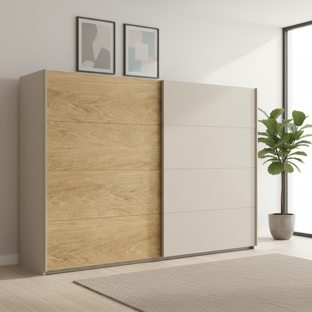 Rauch Malva Large 271cm Wide Champagne and Oak Veneer Sliding Door Wardrobe