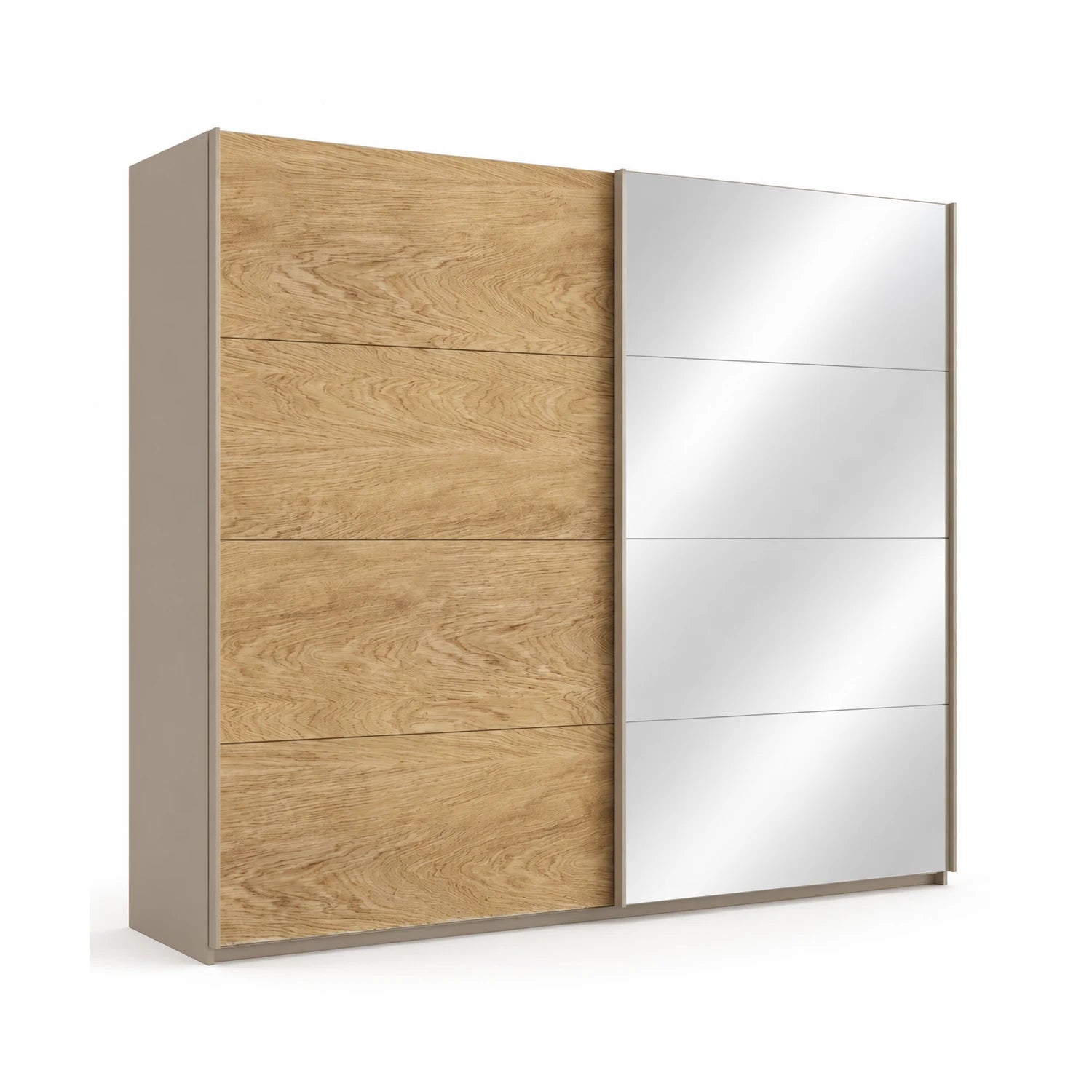 Rauch Malva sliding door wardrobe with one full oak veneer door and one mirrored door