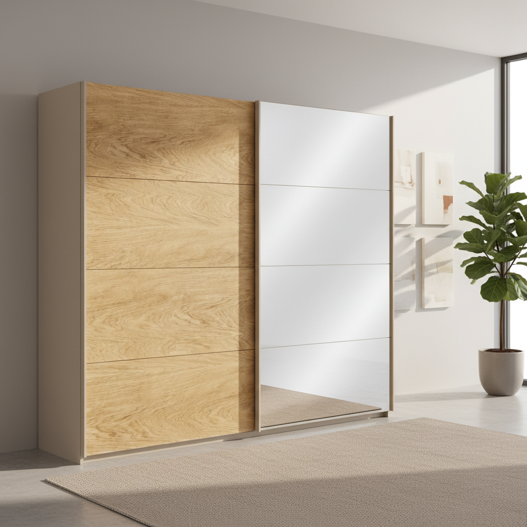German-made Rauch Malva sliding wardrobe with one real oak veneer door and one full mirrored door and Champagne Carcase and Door Handles