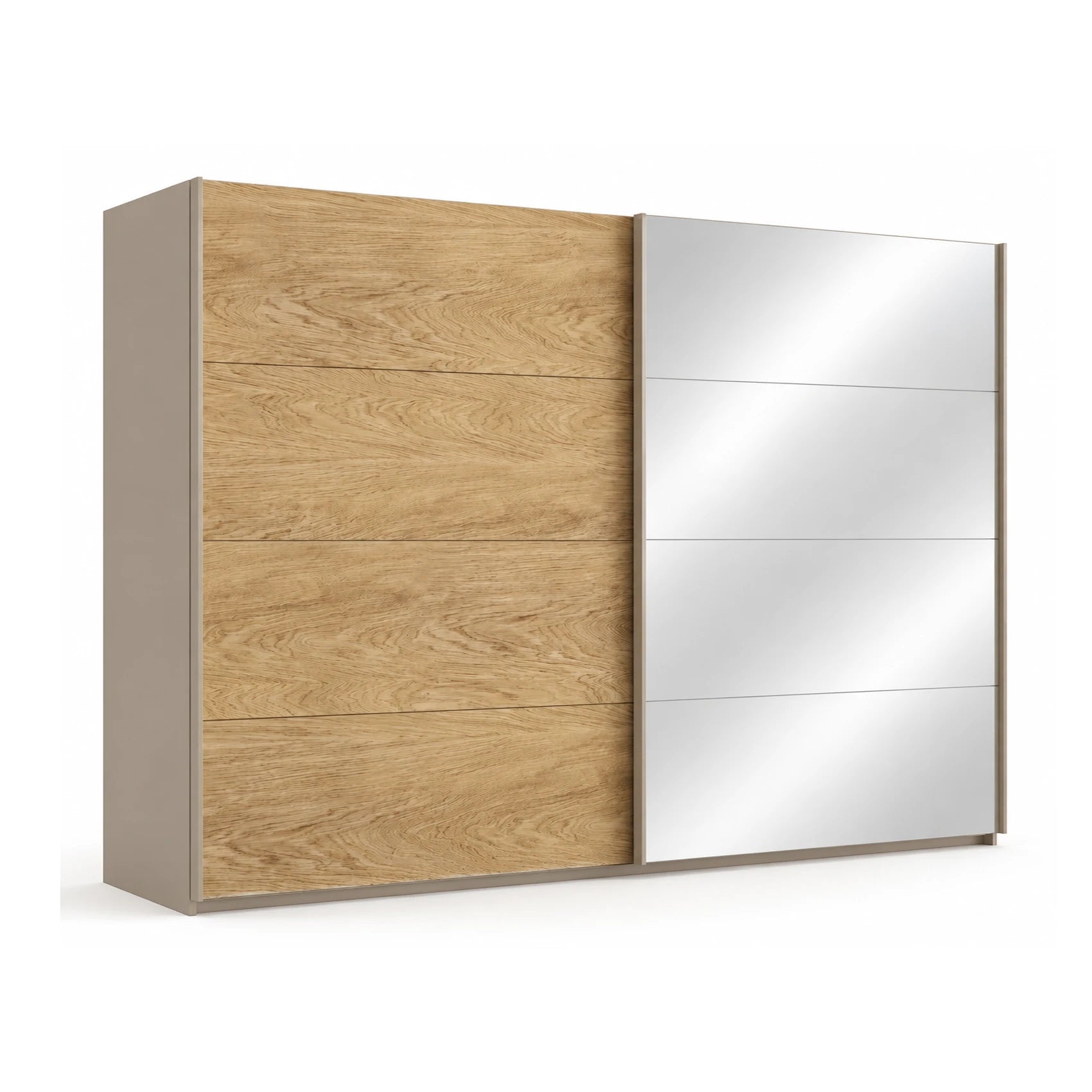Large 271cm Wide Rauch Malva sliding door wardrobe with one full oak veneer door and one mirrored door