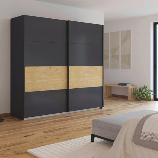 Rauch Malva 226cm Metallic Grey Sliding Door Wardrobe With Oak Vaneer Panel In the middle 