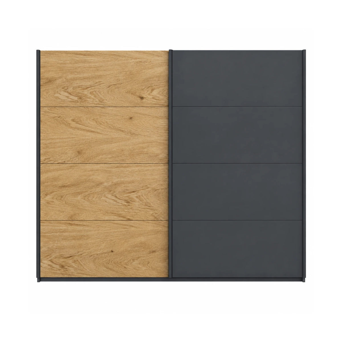 German-made Rauch Malva sliding wardrobe with one full real oak veneer door and one metallic grey door. Choose 181cm, 226cm or 271cm. Free delivery.