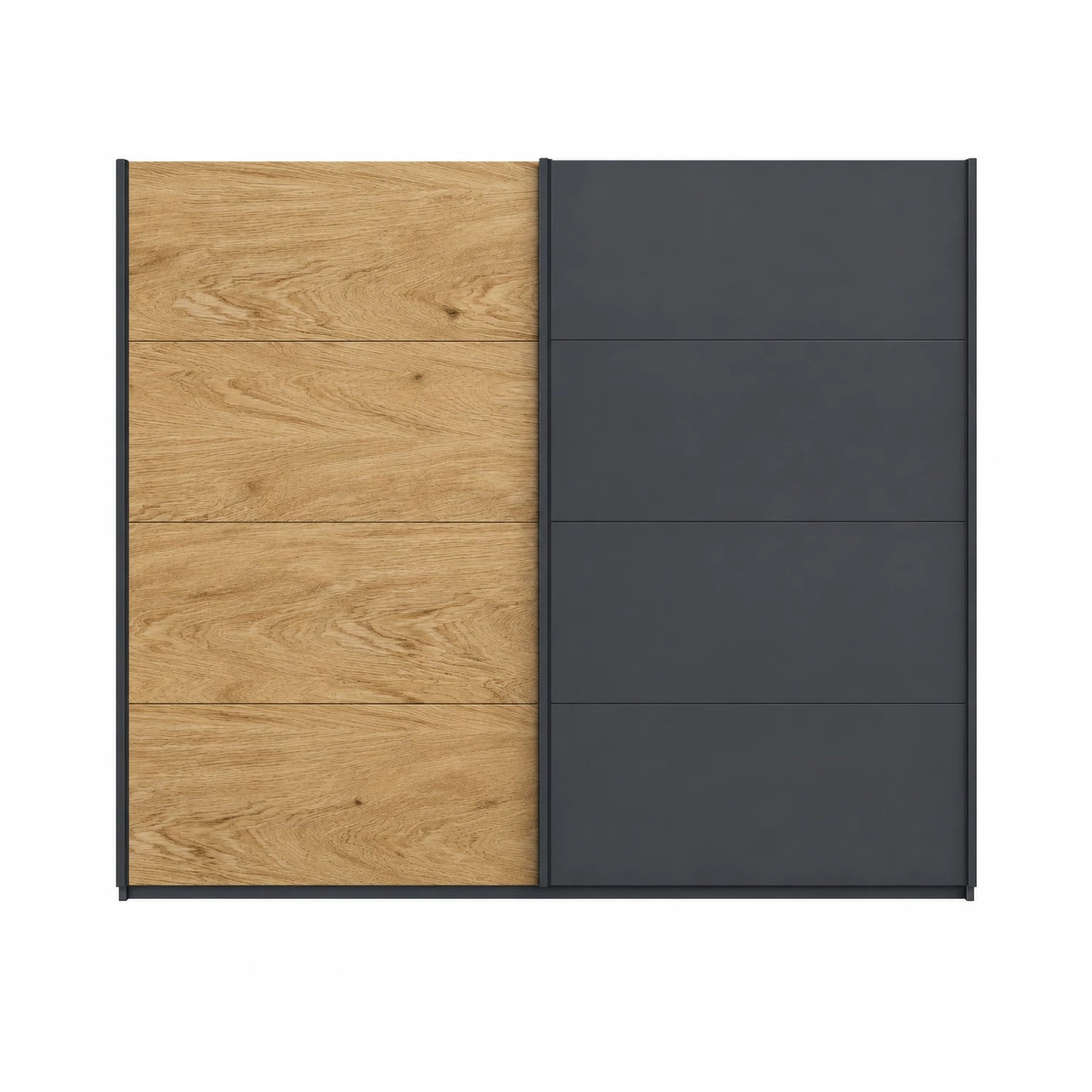 German-made Rauch Malva sliding wardrobe with one full real oak veneer door and one metallic grey door. Choose 181cm, 226cm or 271cm. Free delivery.