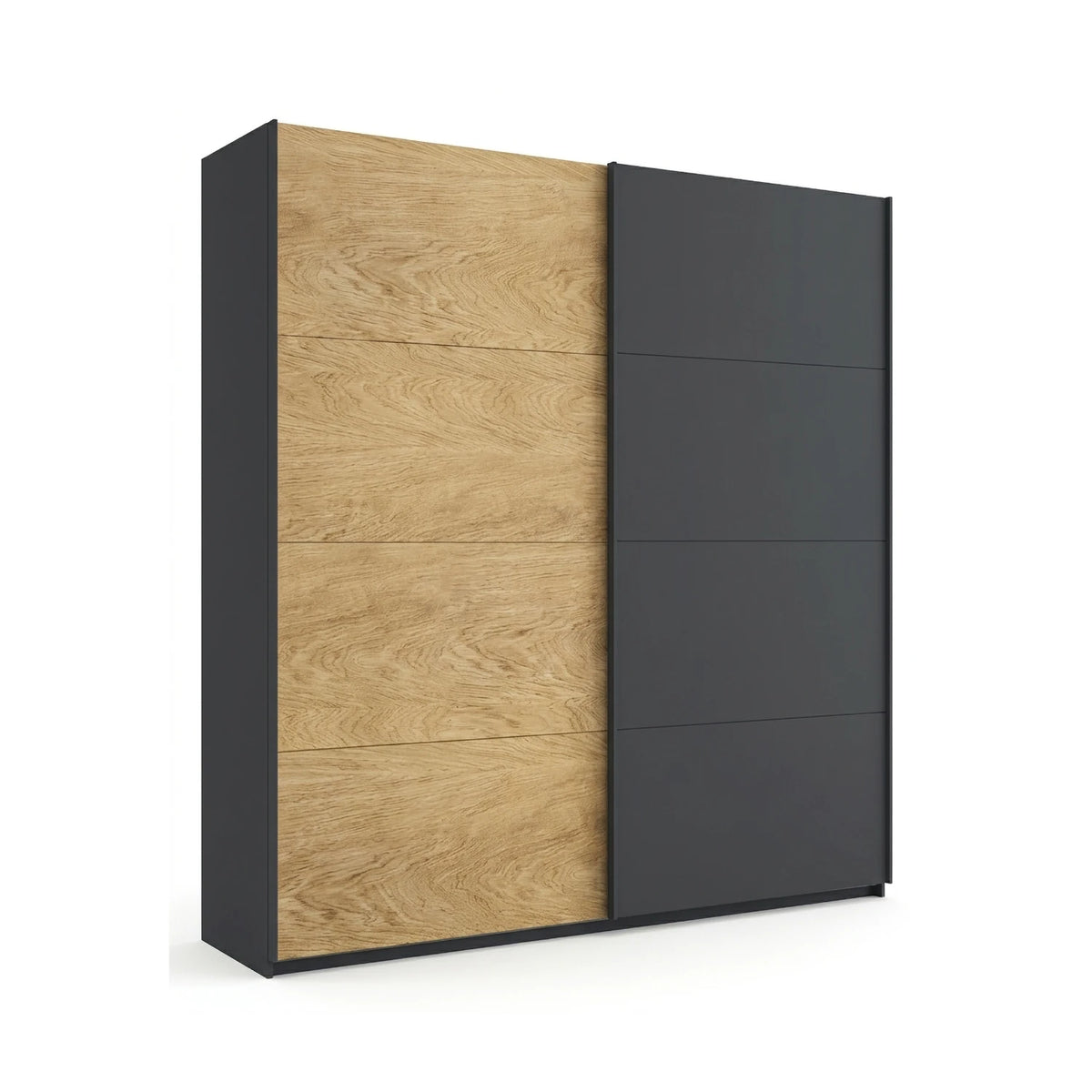 Rauch Malva sliding door wardrobe with one full oak veneer door and one metallic grey door