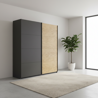Rauch Maverick 2 Door Sliding Wardrobe On Metallic Grey and Oak Veneer 