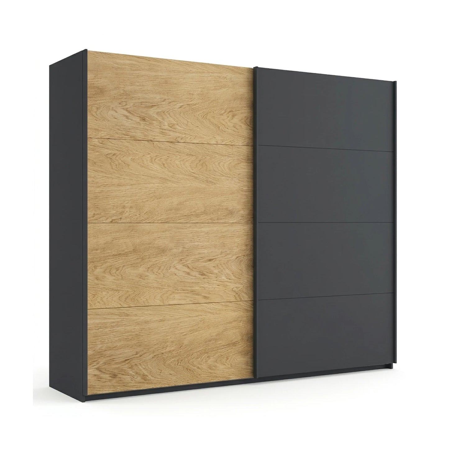 A modern sliding wardrobe with two doors: one in a light oak wood grain finish and the other in a matte dark charcoal gray finish from Rauch Orange Malva Range