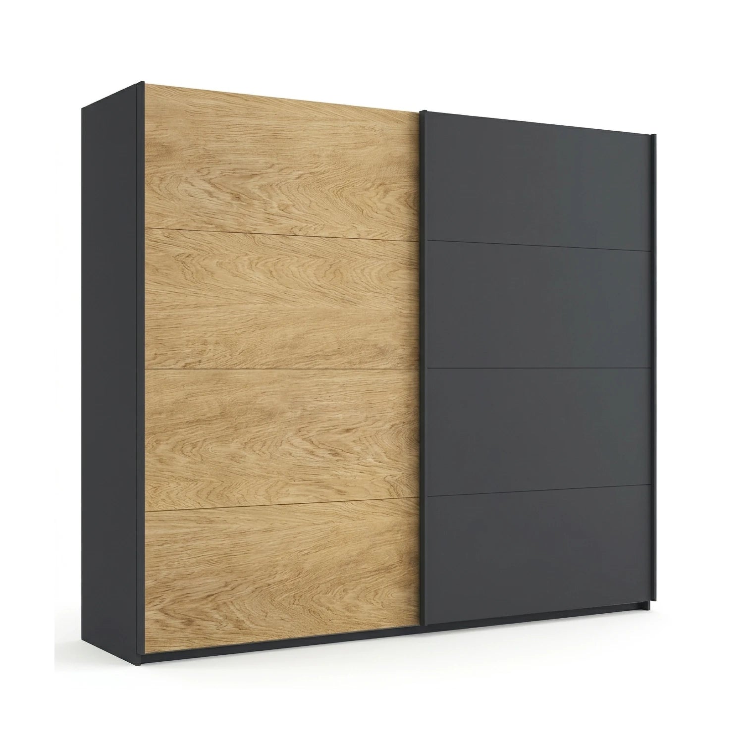 A modern sliding wardrobe with two doors: one in a light oak wood grain finish and the other in a matte dark charcoal gray finish from Rauch Orange Malva Range