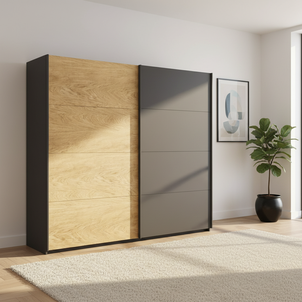 Modern Rauch Orange Malva 2 Door Sliding Wardrobe with 1 Door in Oak Veneer and 1 Door in Metallic Grey Width 226cm