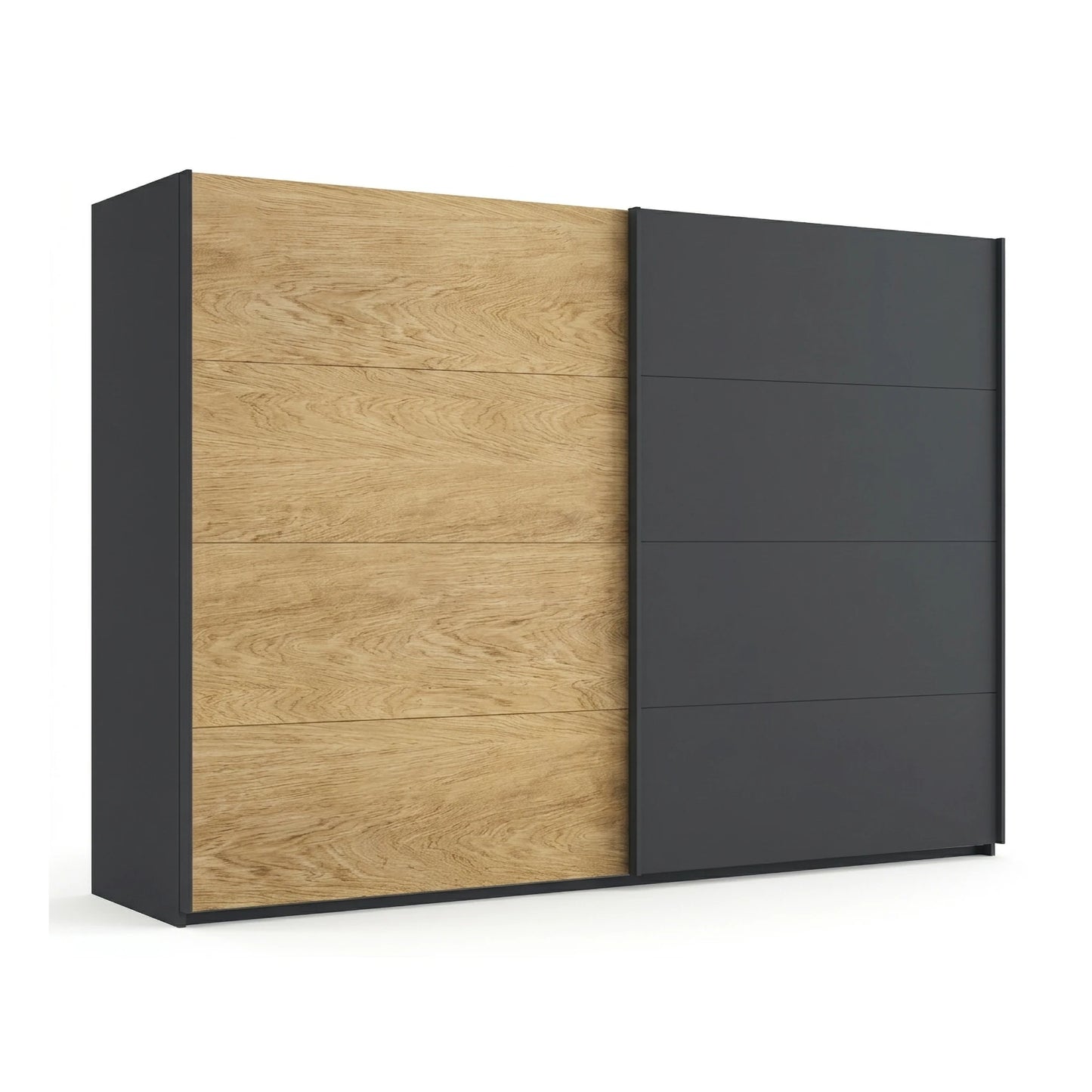 Malva two-tone sliding wardrobe showing the oak veneer door beside the metallic grey door