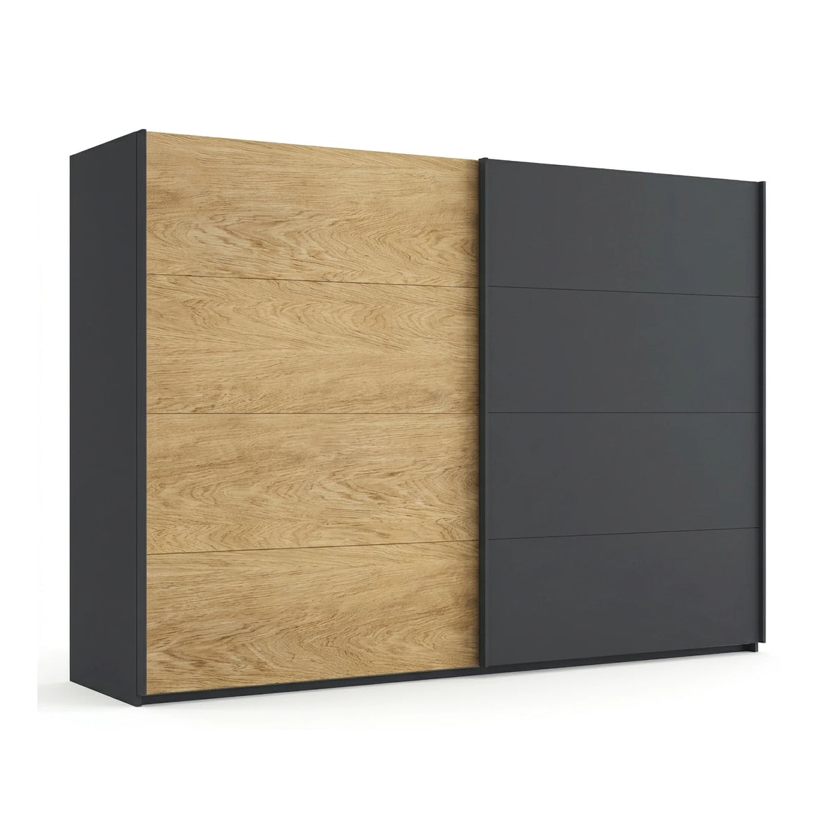Malva two-tone sliding wardrobe showing the oak veneer door beside the metallic grey door