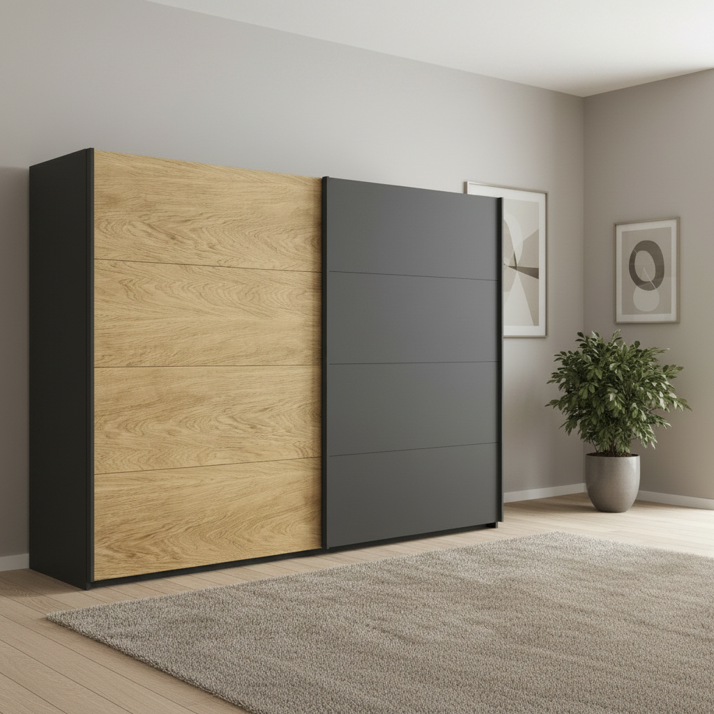 Rauch Orange Malva Large Sliding Door Wardrobe in Metallic Grey Colour, one door in Oak Veneer Finish Width 271cm