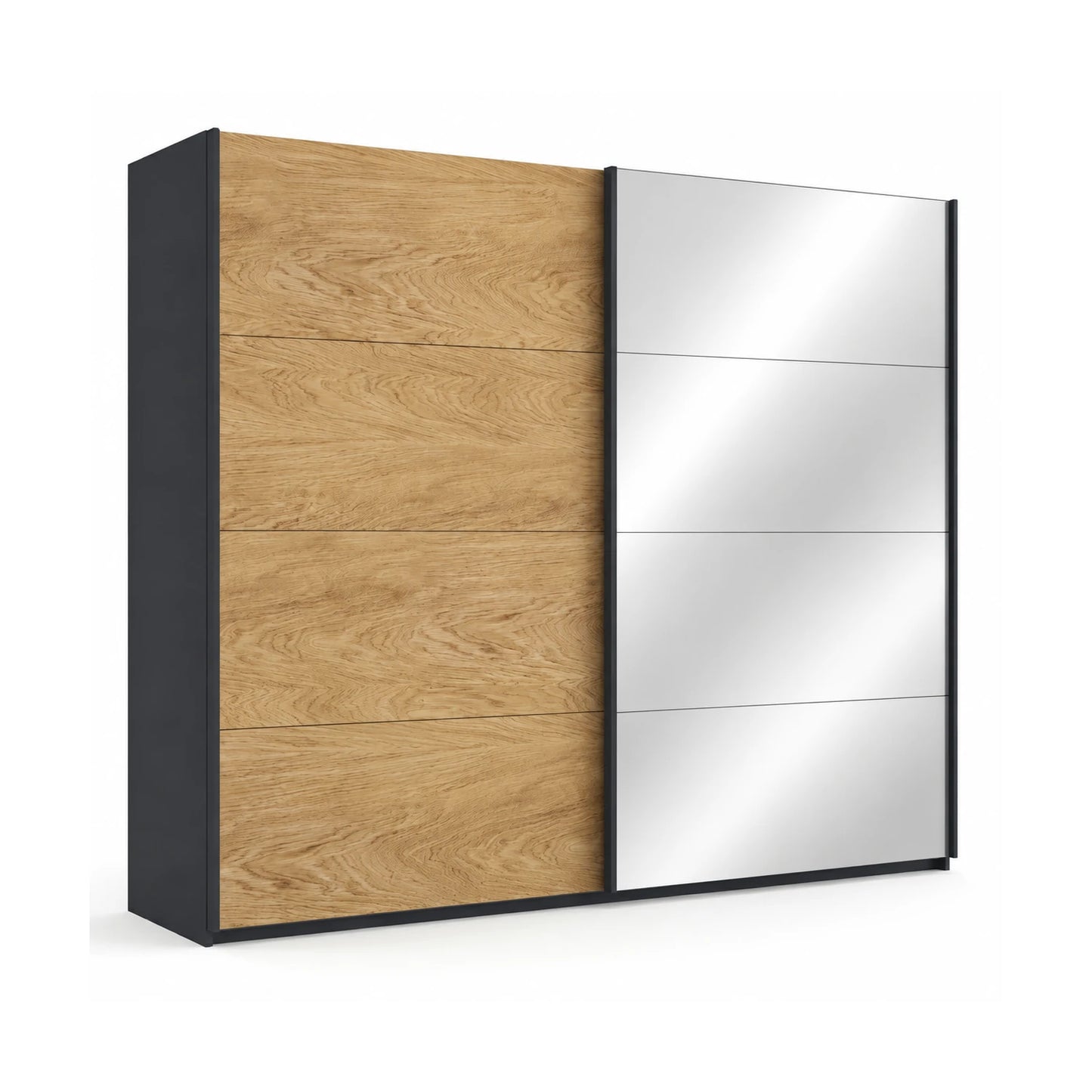 Rauch Malva sliding door wardrobe with one full oak veneer door and one mirrored door and Graphite Carcase 